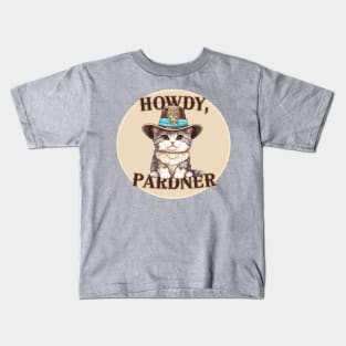 Howdy Pardner/Partner! Cute Gray Tabby Cowboy Kitty Cat - Tan Western Design Kids T-Shirt